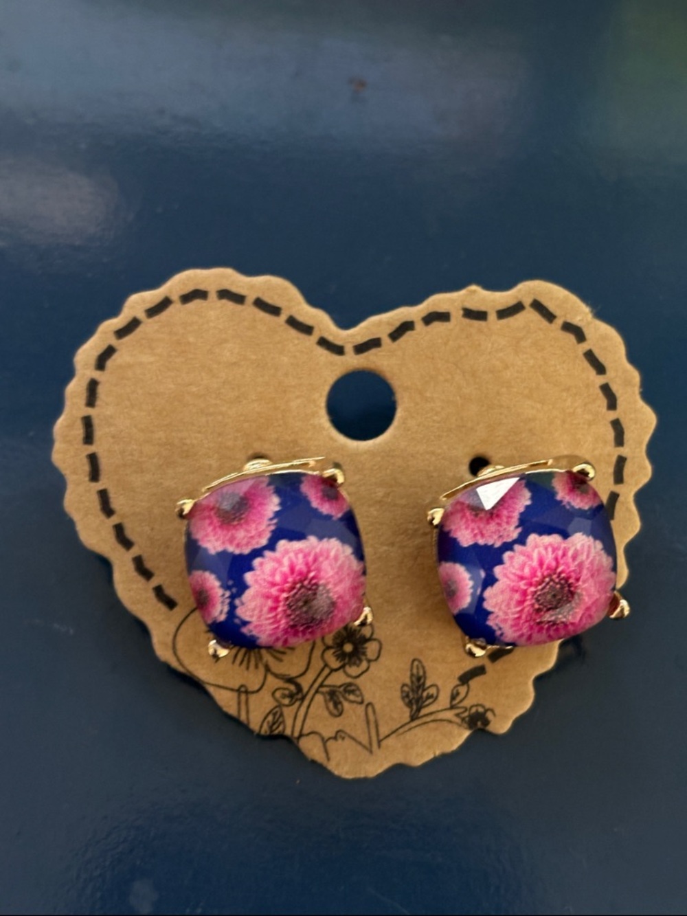 Pink Floral Navy Square Stud Earrings